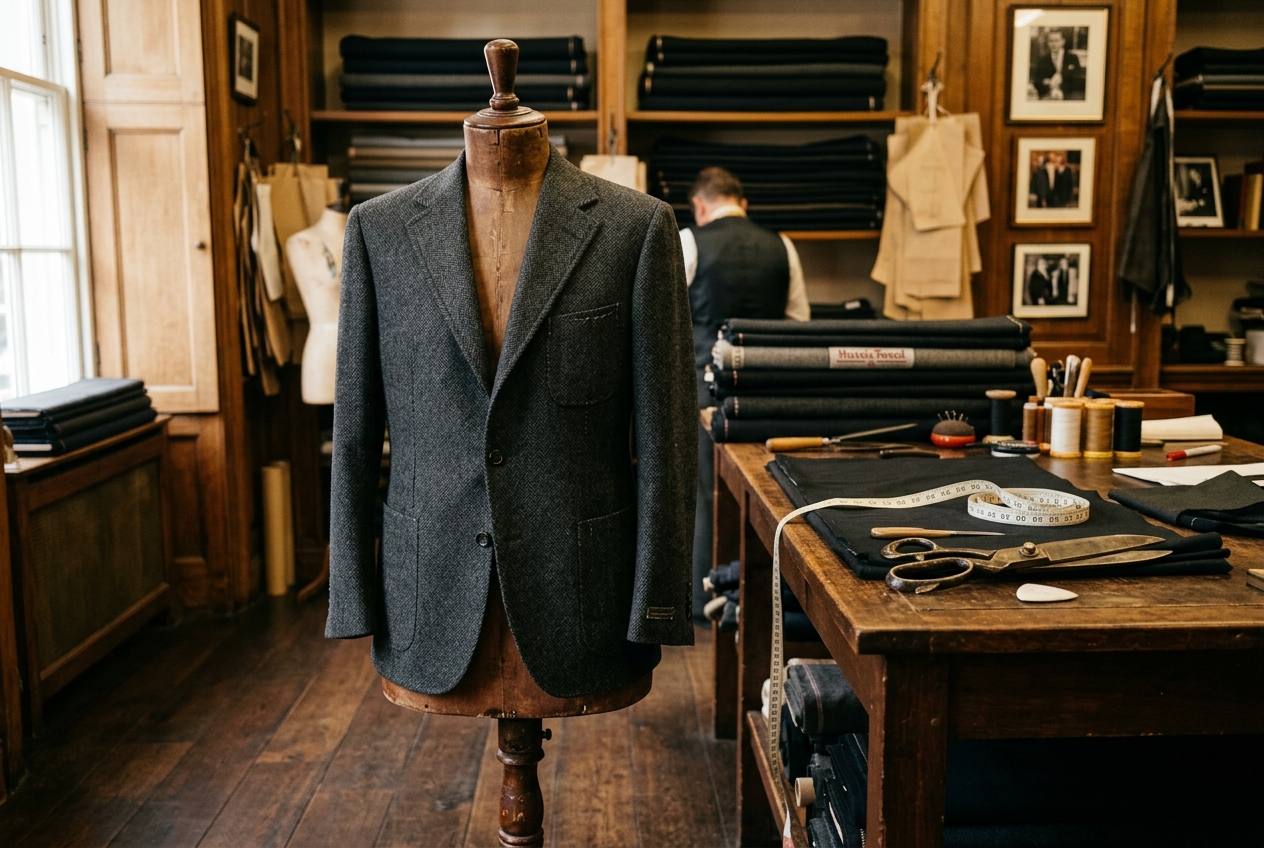 Savile Row bespoke suit on antique wooden mannequin